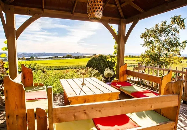 Coin repas sur la terrasse avec vue panoramique